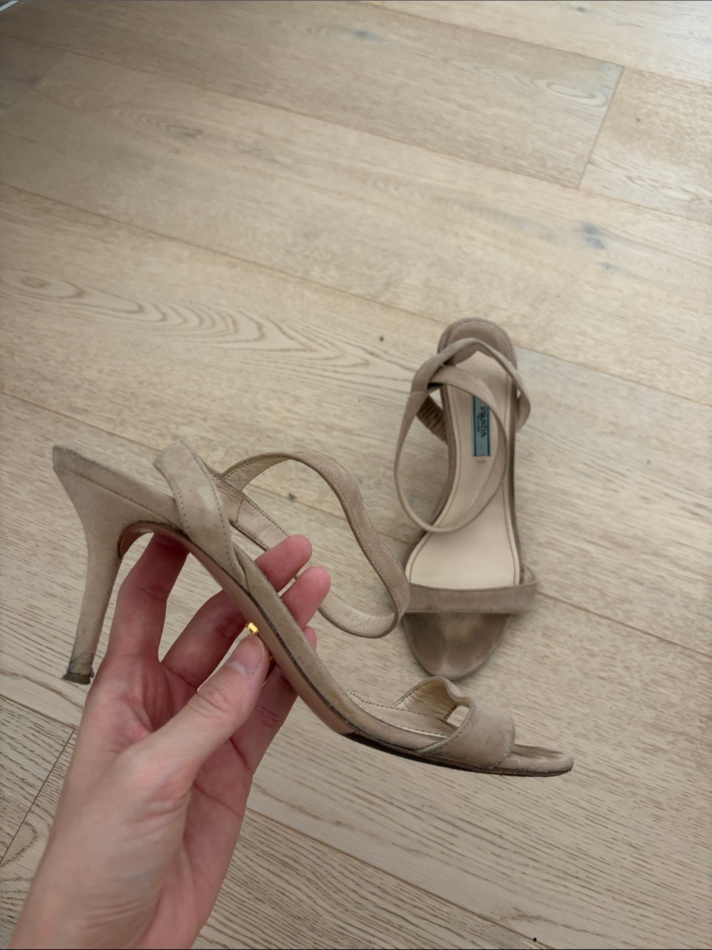 Vintage Prada Beige Suede Open-Toe Ankle-Strap Heels Sz 37